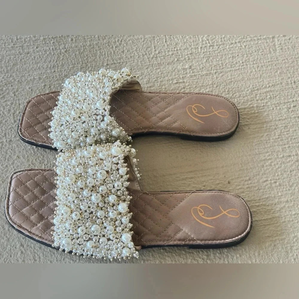 Sam Edelman Elijah Sandal Pearl Embellished Flat Pale Eggshell Slides Size 8 - Picture 10 of 11